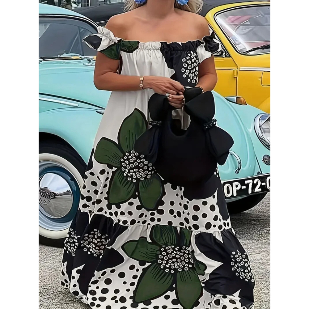 Bold Floral Off-Shoulder Maxi Dress – Black White Green Polka Dot Print Size 3XL
